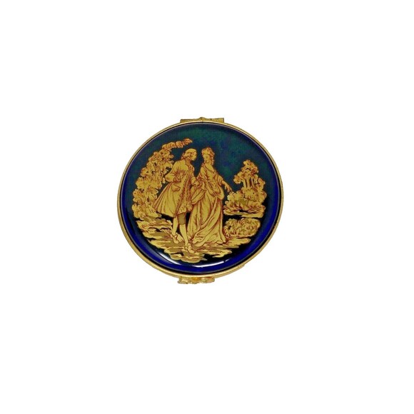 Limoges Castel 22K Gold Trim Cobalt Courtship Scene Hinged Round Trinket Box - Picture 1 of 10